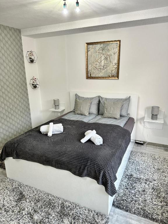 a bedroom with a large bed with two towels at NextSpace Nr 2 in Sfântu-Gheorghe