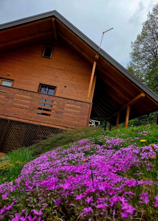 a building with purple flowers in front of it at Romantic cabin in the woods - Fesnga, Slovenia in Slovenj Gradec