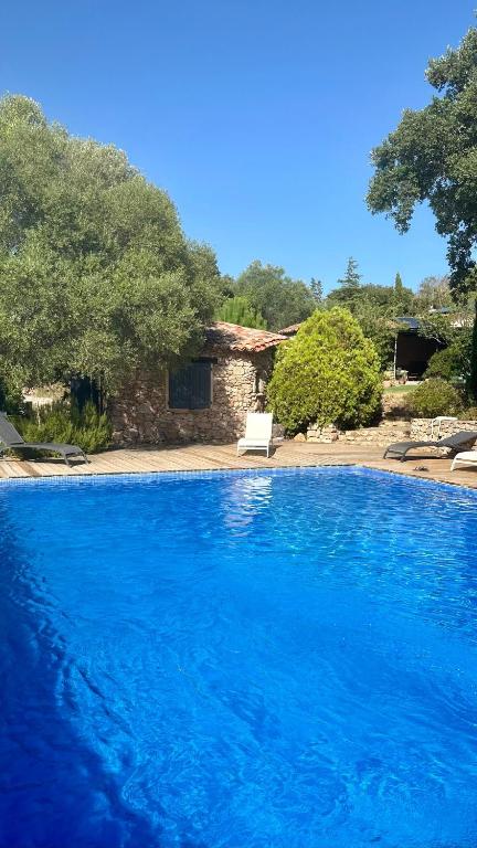 a large blue swimming pool next to a house at Casa Olea in Sartène