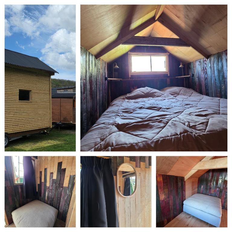 a collage of pictures with a bed in a room at Ardennen Kotje in Durbuy