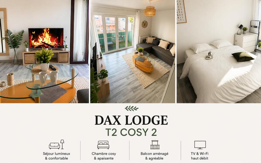 a room with a bed and a living room with a fireplace at DaxLodge T2 Sotf in Dax