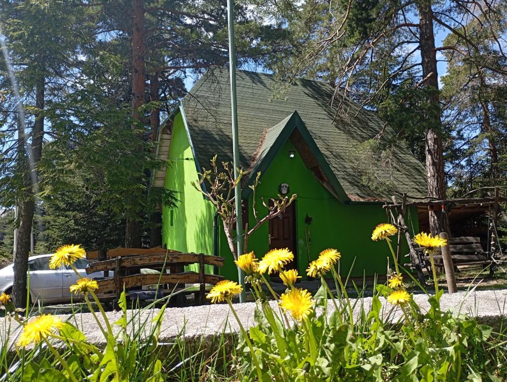 a green house with a bench and flowers at Petra Kuća Apartmani Studio Divčibare Петра Кућа Апартмани Студио Дивчибаре in Divčibare