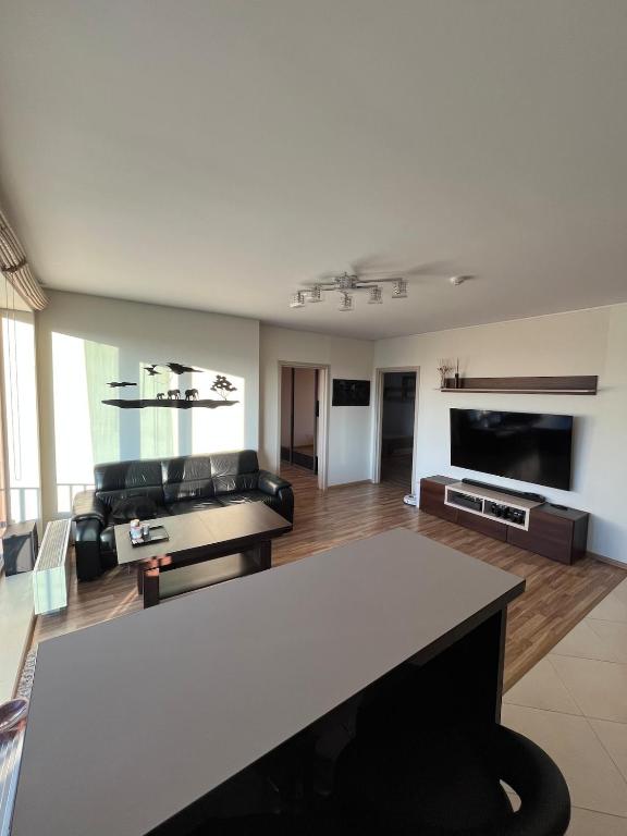 a large living room with a couch and a table at Spacious Apartment with 2 Balconies in Klaipėda