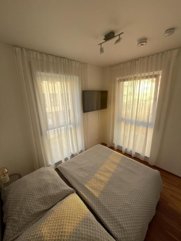 a bedroom with a bed and two windows at Moderne Wohnung - ULM Stadtmitte in Ulm