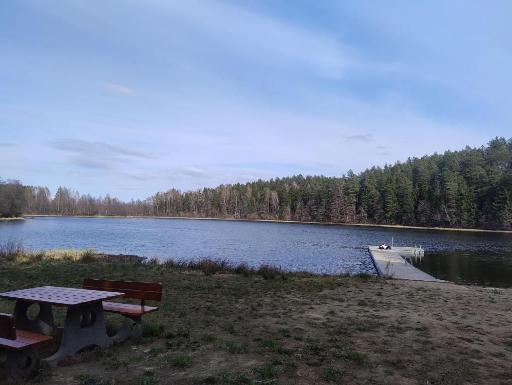 a lake with two picnic tables and a dock at Ostoja Jaczno in Smolniki