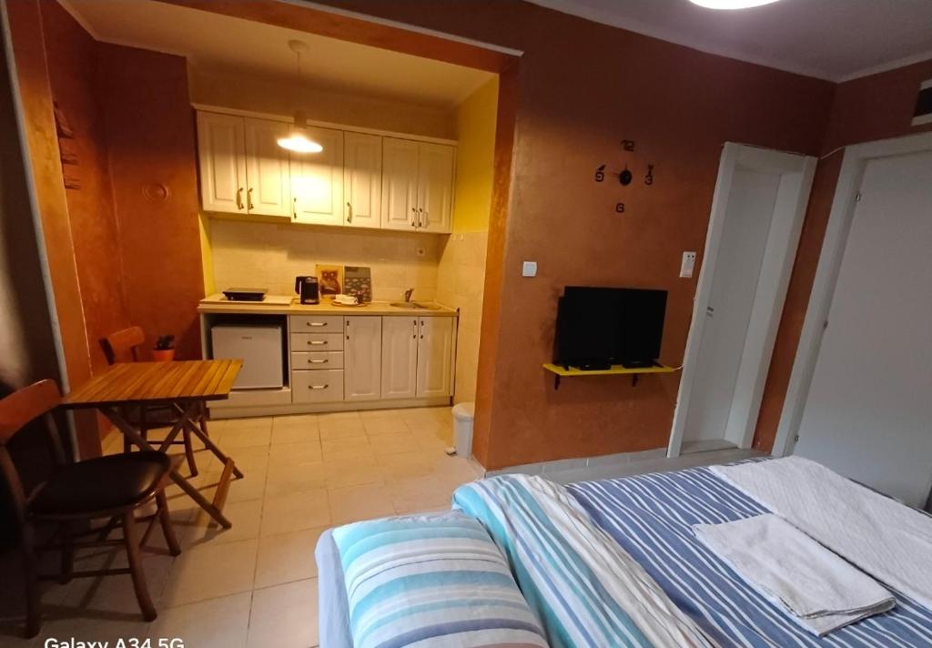 a bedroom with a bed and a table and a kitchen at Lakea Apartments in Virpazar