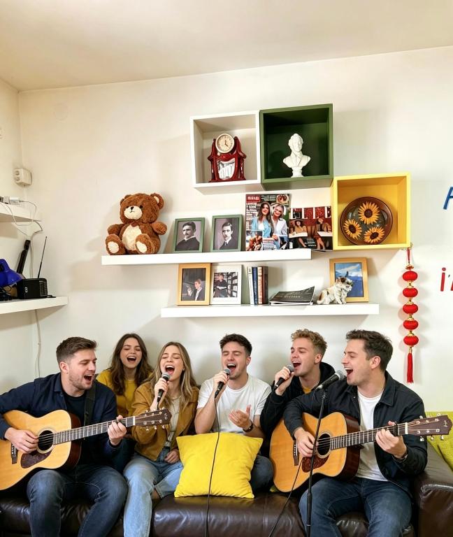 a group of people sitting on a couch playing guitars at Oneone eleven hostel in Belgrade