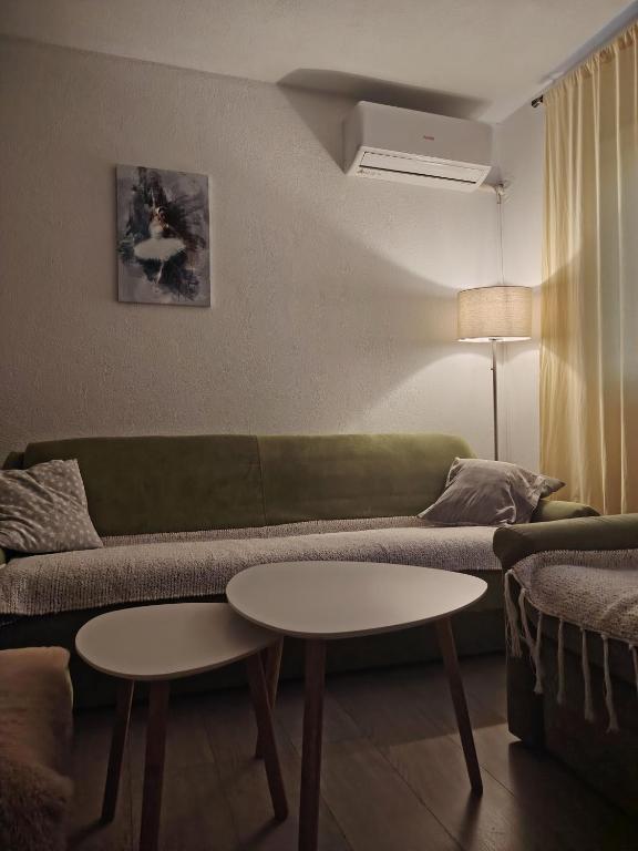 a living room with a green couch and a table at Apartman Vera in Bileća