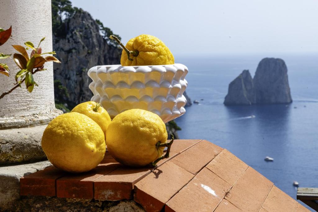 a group of lemons sitting on a ledge with a vase at Essence One by Sweet Capri in Capri