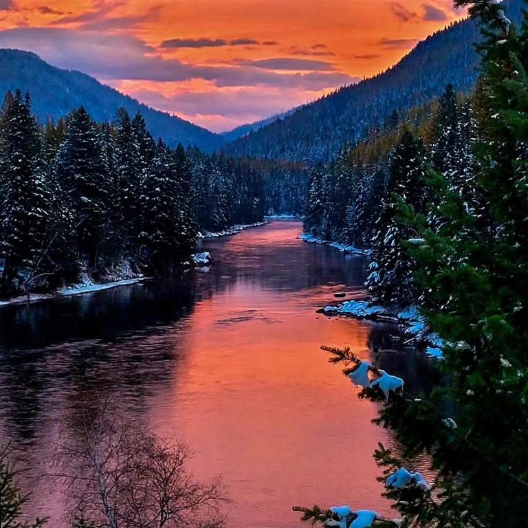 a view of a river at sunset with trees at Secluded River View Hideaway in Hungry Horse