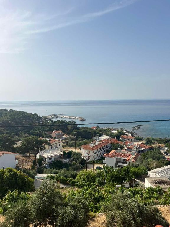 an aerial view of a town and the ocean at Filonoe apartment in Gialiskari