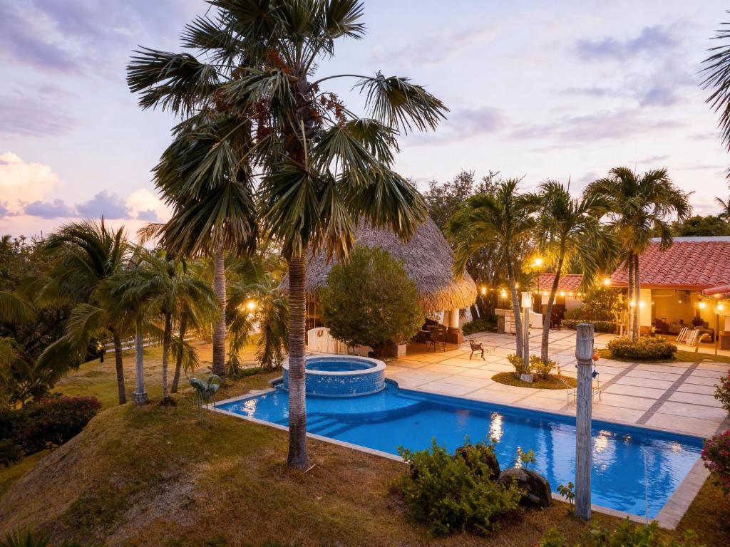 a pool with a palm tree in front of a house at Panáveda Ayurvedic Wellness Centre in El Creo