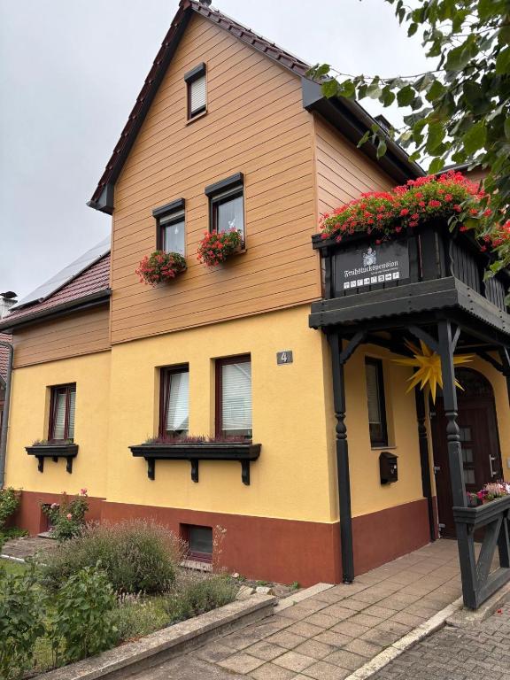 a yellow house with windows and flowers on it at Appartment Sylvia von Skwarczinsky in Tabarz