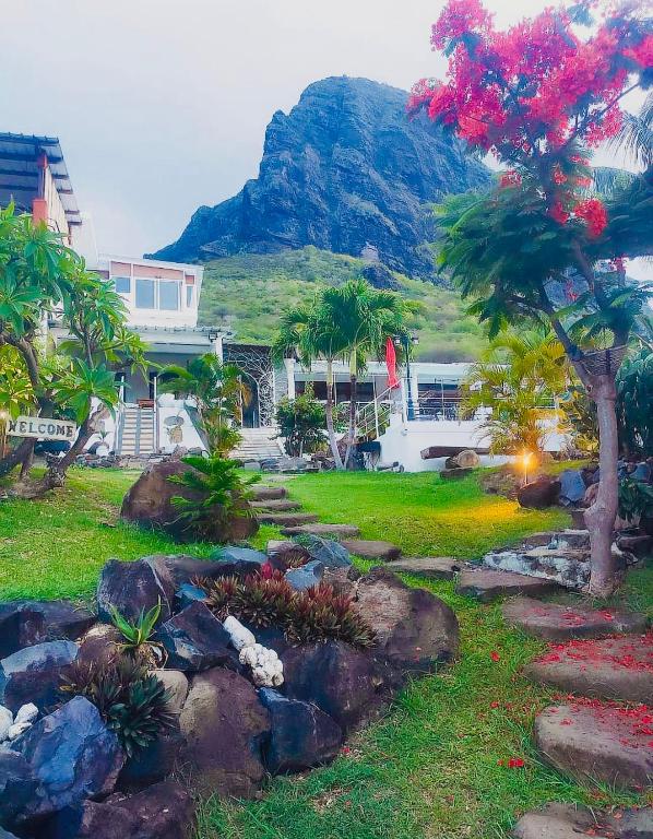 a house with a tree and a mountain in the background at Residence Ma Vie Là Ltee in Le Morne