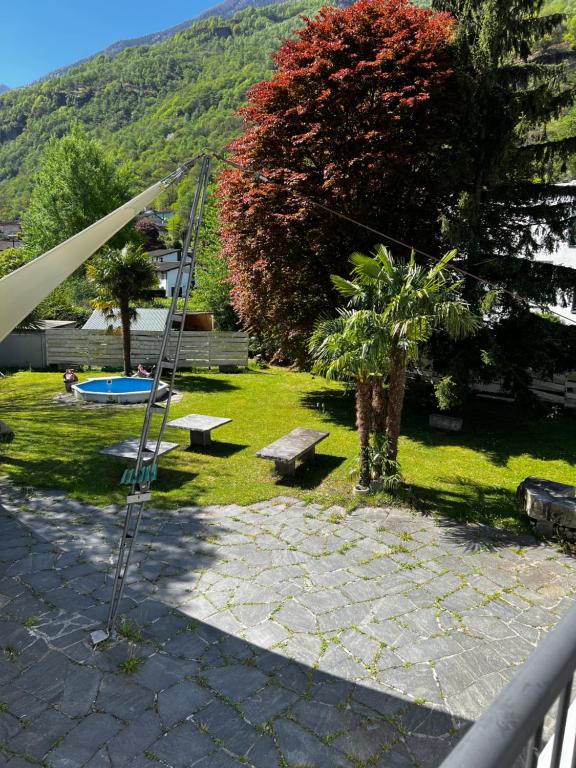 a garden with a swing and a tree and a bench at Giada in Iragna