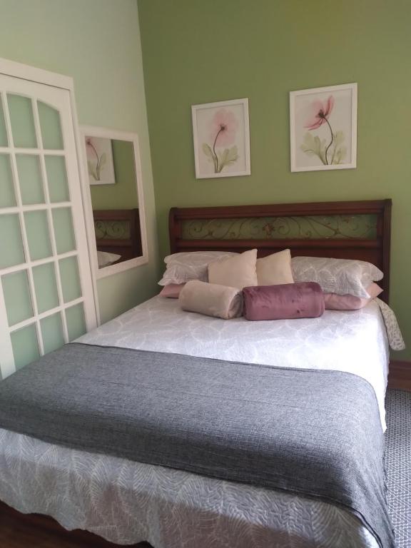 a bedroom with a large bed with pink pillows at Apto Turismo da Serra in Teresópolis