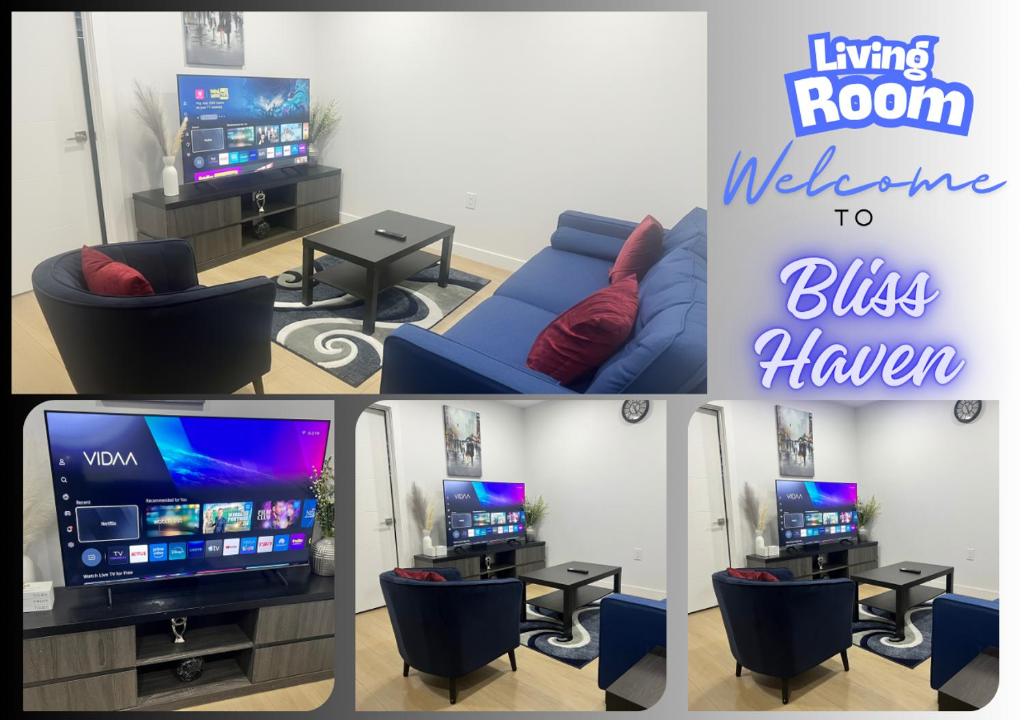 a collage of pictures of a living room with a couch and a television at Bliss Haven in Winnipeg