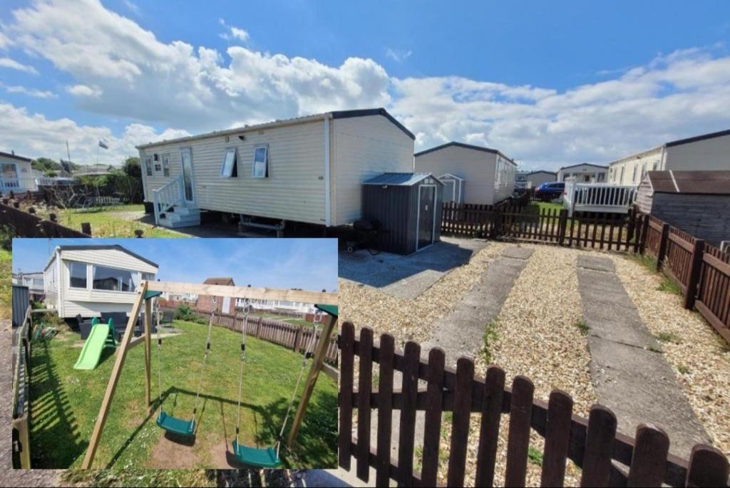 a backyard with a fence and a playground at Spacious accomodation 188 Unity Beach sleeps 6 Centrally located Pet friendly Pets Stay Free in Brean