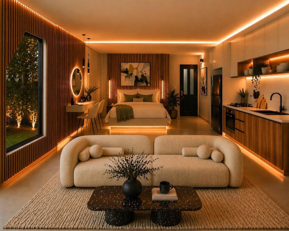 a living room with a couch and a bed at Casa del Rosa in Kafr ‘Ubaydā