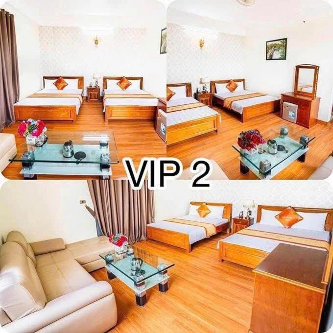two pictures of a living room with a couch and tables at Ks sơn trang 1 in Sầm Sơn