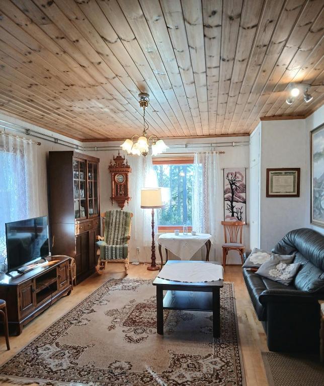 a living room with a couch and a tv at Villa Sukuviiri in Vimpeli
