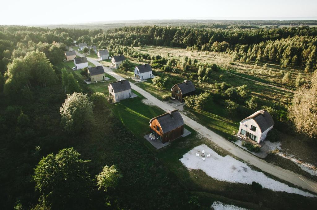 an aerial view of a village with houses and a river at Cisowy Zakątek in Sasino