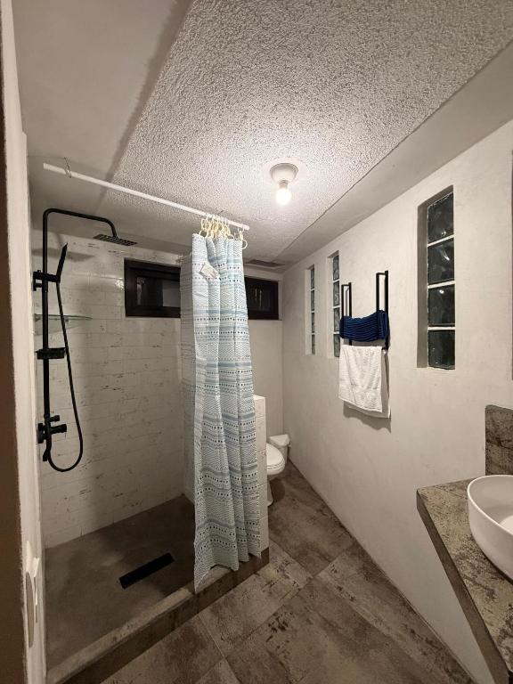 a bathroom with a shower and a toilet and a sink at Apartamento Xeul in Quetzaltenango
