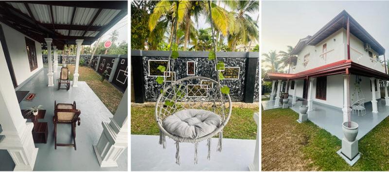 three different views of a house with a swing at Lunara Sanctuary in Induruwa