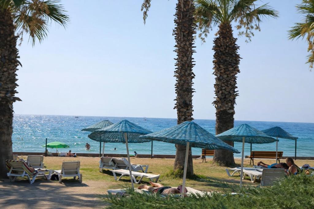 a beach with palm trees and people laying in chairs and umbrellas at Villa Kumsal in Kuşadası
