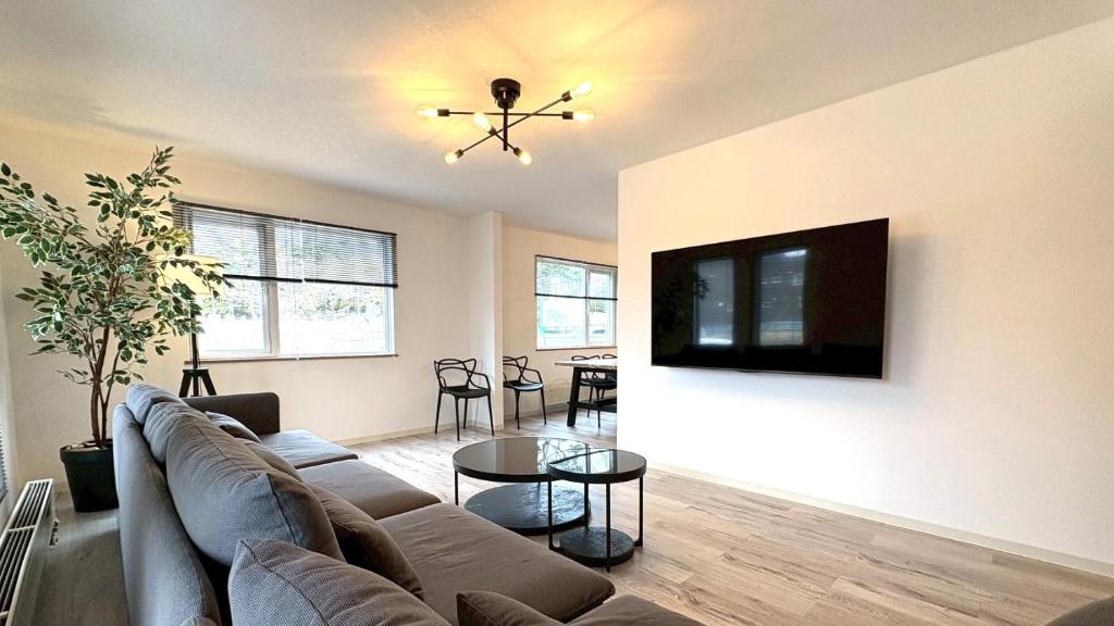 a living room with a couch and a flat screen tv at Ts House Hakodate Park Front in Hakodate