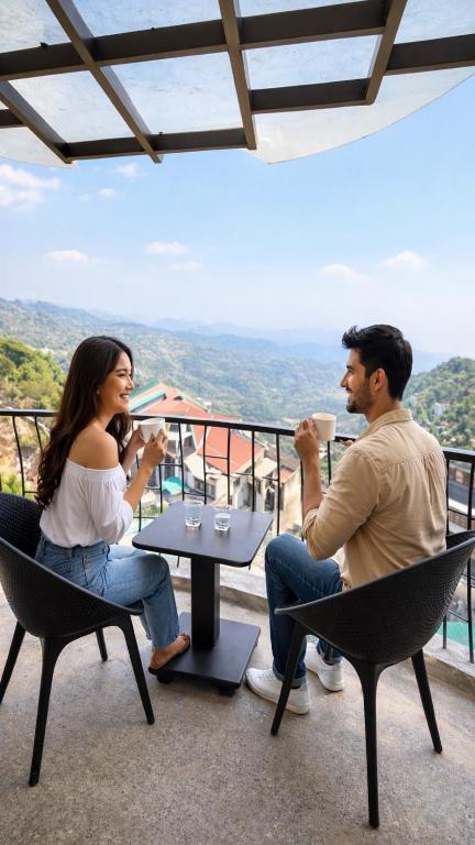 a man and woman sitting at a table drinking coffee at Fun Flock Stay in Mussoorie