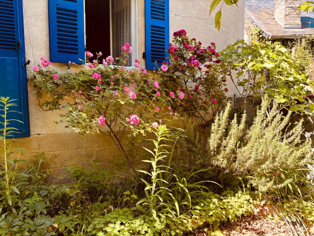a bunch of flowers in front of a window with blue shutters at La Maison du Rosier in Saint-Honoré-les-Bains