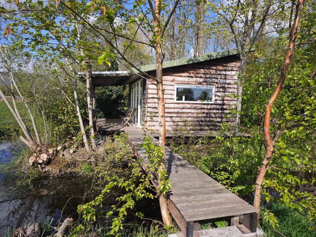 a small wooden cabin with a wooden bench in front at Het Groene uitzicht in Bantega