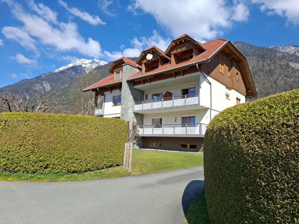 a large building with a brown roof and some bushes at FEWO Erika in Presseggen