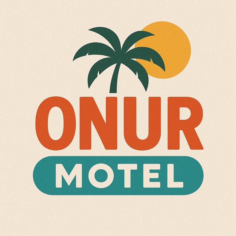a sign for the om nom motel with a palm tree at Onur Motel in Bozdoğan