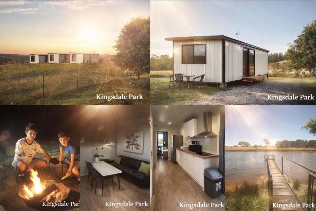 a group of four pictures of a tiny house at Peaceful Farm Retreat - Luxury Cabins in Goulburn in Norwood