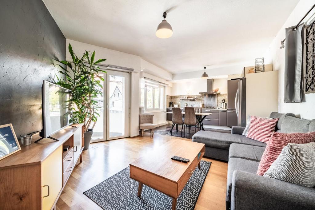 a living room with a couch and a table at Appartement Proche Lac et Thermes in Thonon-les-Bains