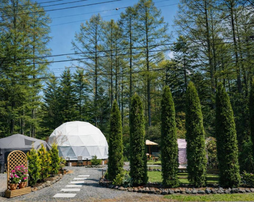 a garden with trees and a tent in the background at 摩天轮下的森 in Tsumagoi