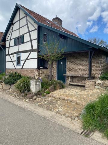 a white and black house with a blue door at 't Wirkes in Schimmert