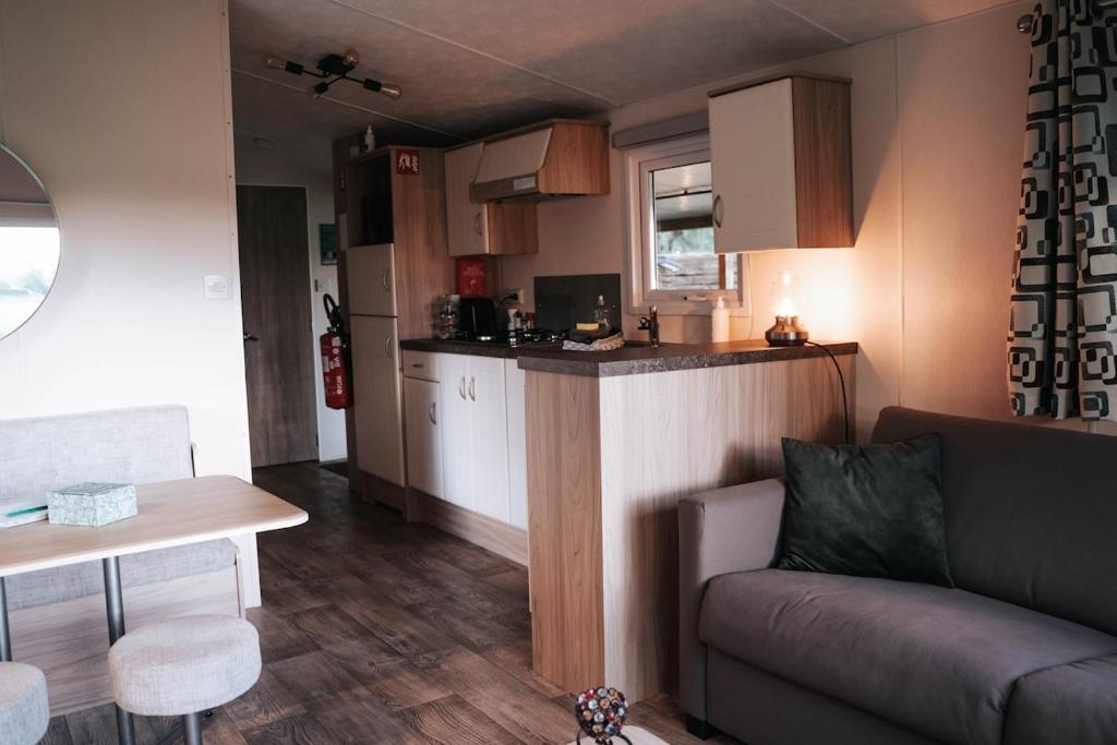 a living room with a couch and a kitchen at De Wilg Beerse, tiny house with meadow view, animals in Beerse