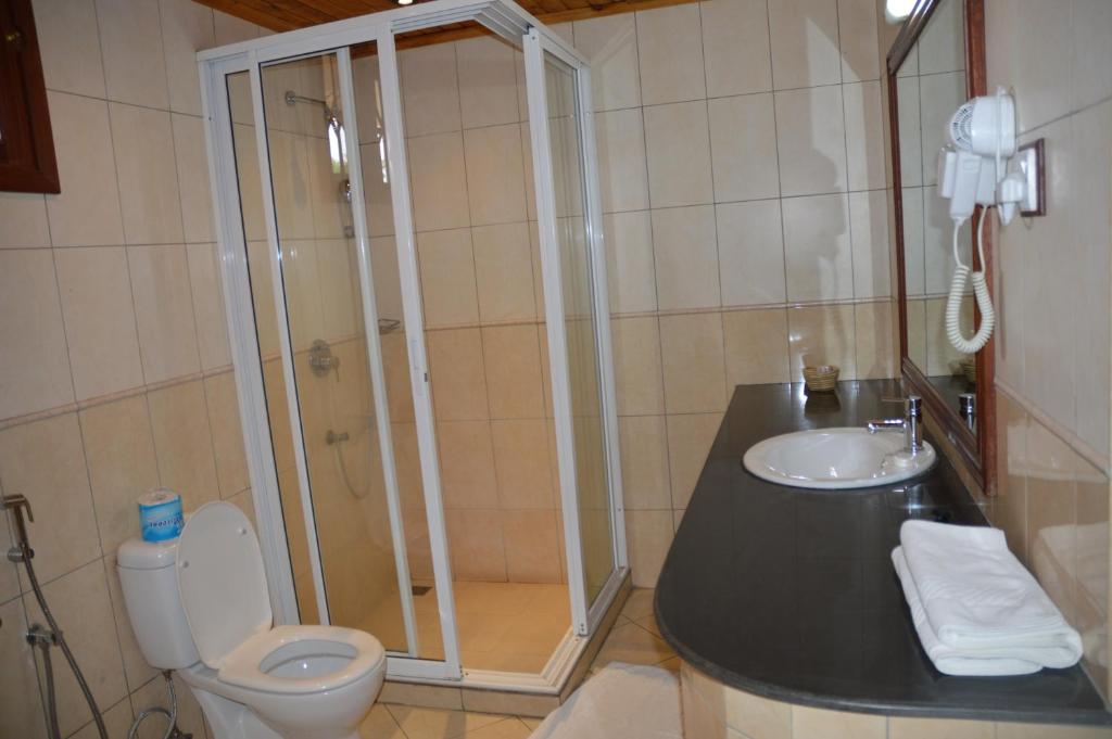 e bagno con doccia, servizi igienici e lavandino. di Ryan's Bay Hotel a Mwanza