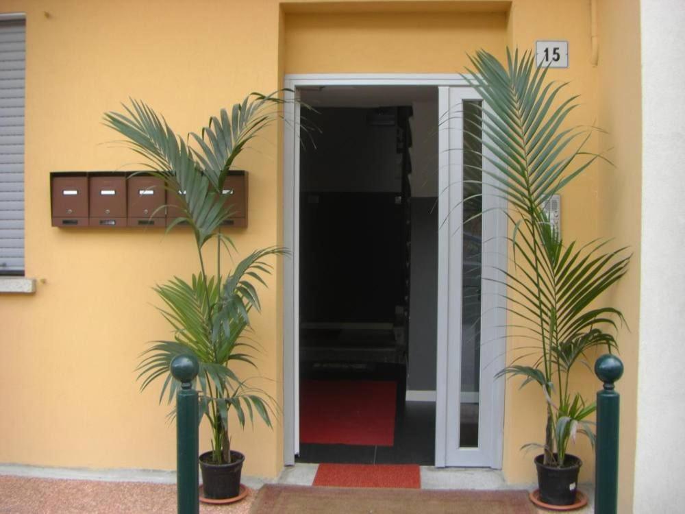 two palm trees in pots in front of a house at Venice Residence Elisabeth in Mestre