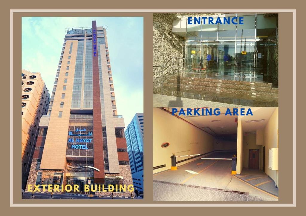 two pictures of a building and a parking area at AL HAYAT HOTEL in Sharjah