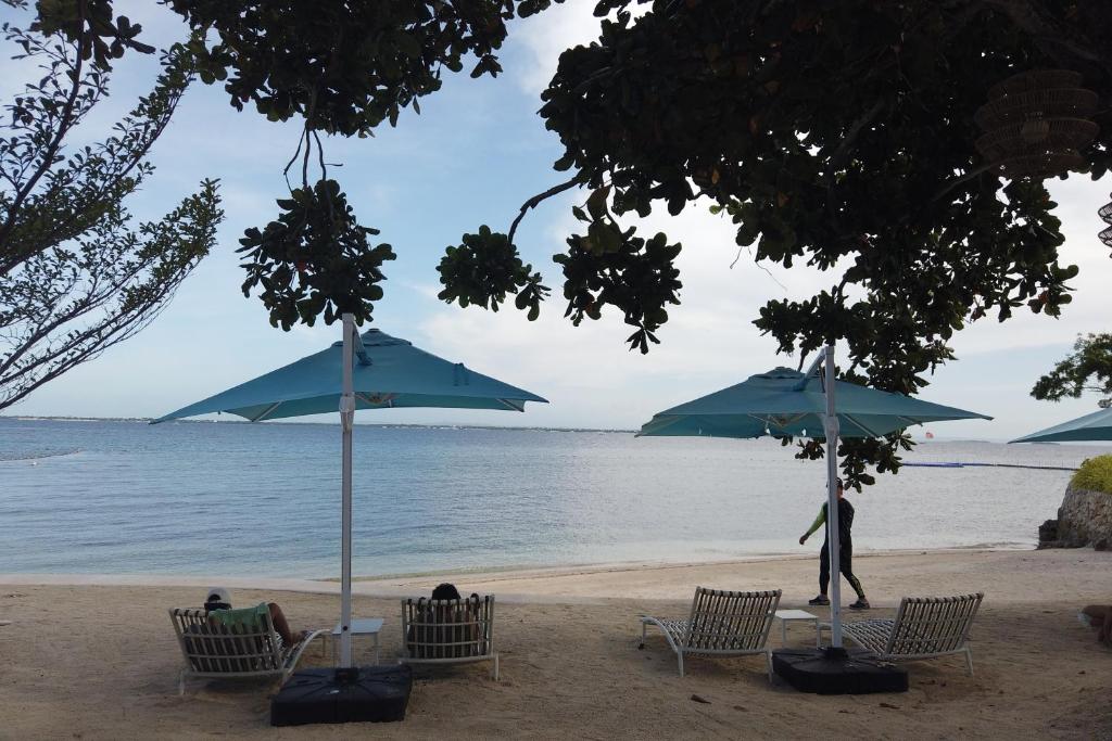 a beach with chairs and umbrellas on the beach at 14DC Tambuli Seaside Living in Lapu Lapu City