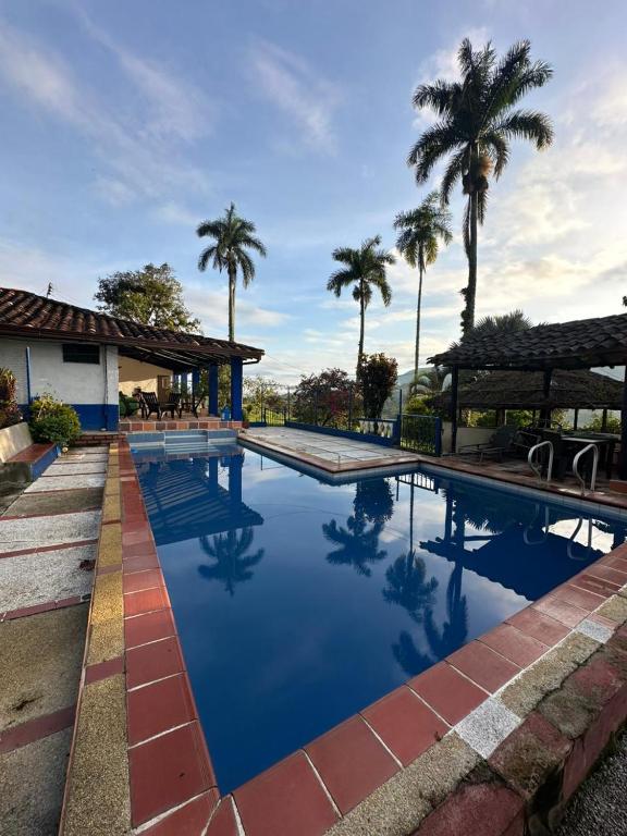 a swimming pool with palm trees in the background at Finca Las Flores in El Cedro