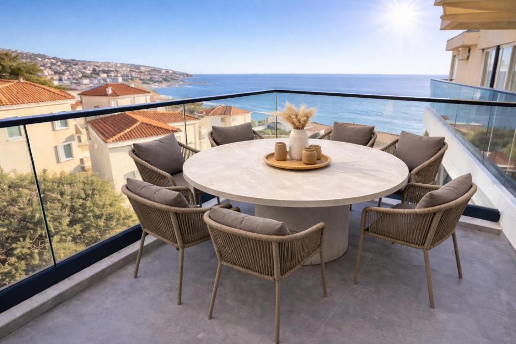 a patio with a table and chairs on a balcony at Brillex Swiss Residence in Dobra Voda