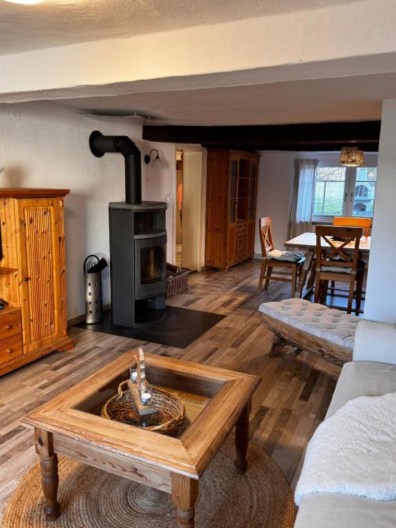 a living room with a wood stove in it at Ferienhaus Kaline in Grebenhain