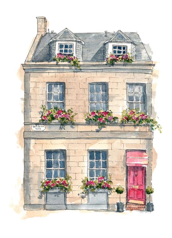 a drawing of a house with flower boxes and a red door at The Broughton Townhouse in Edinburgh