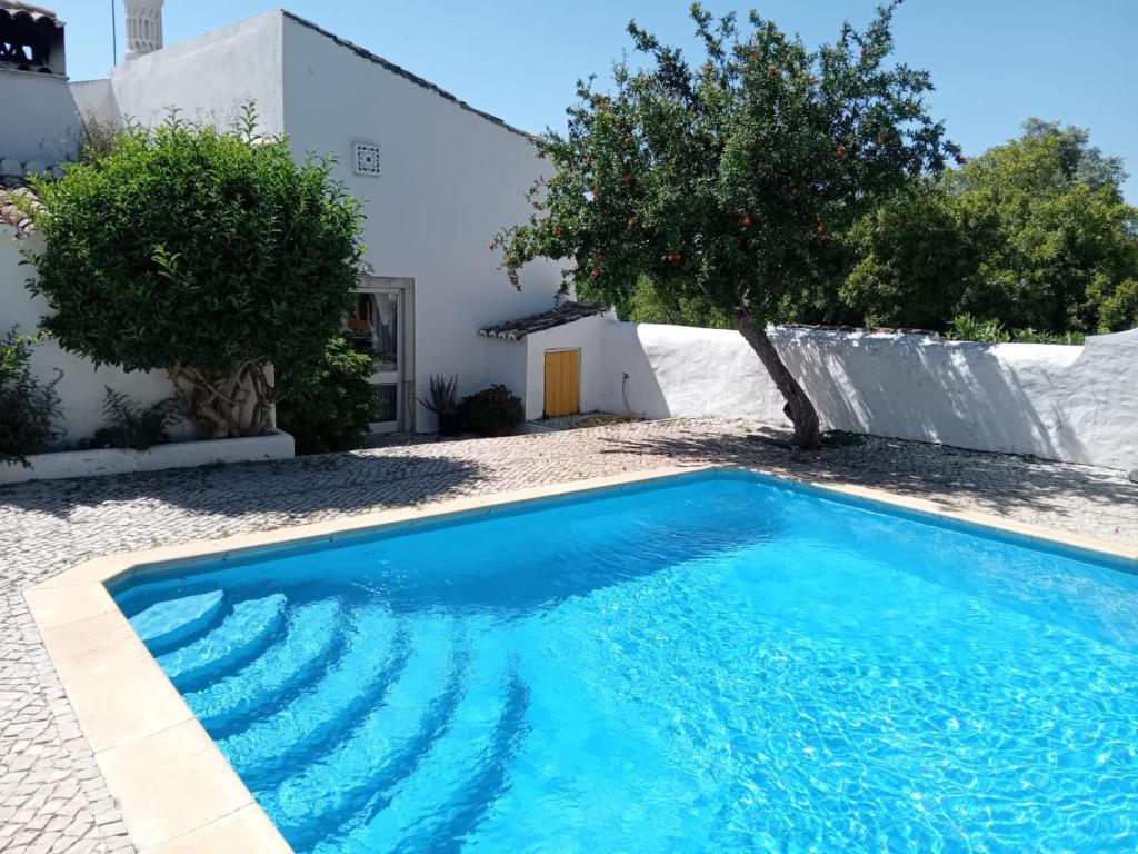 a blue swimming pool in front of a white building at Quinta Martins in Loulé