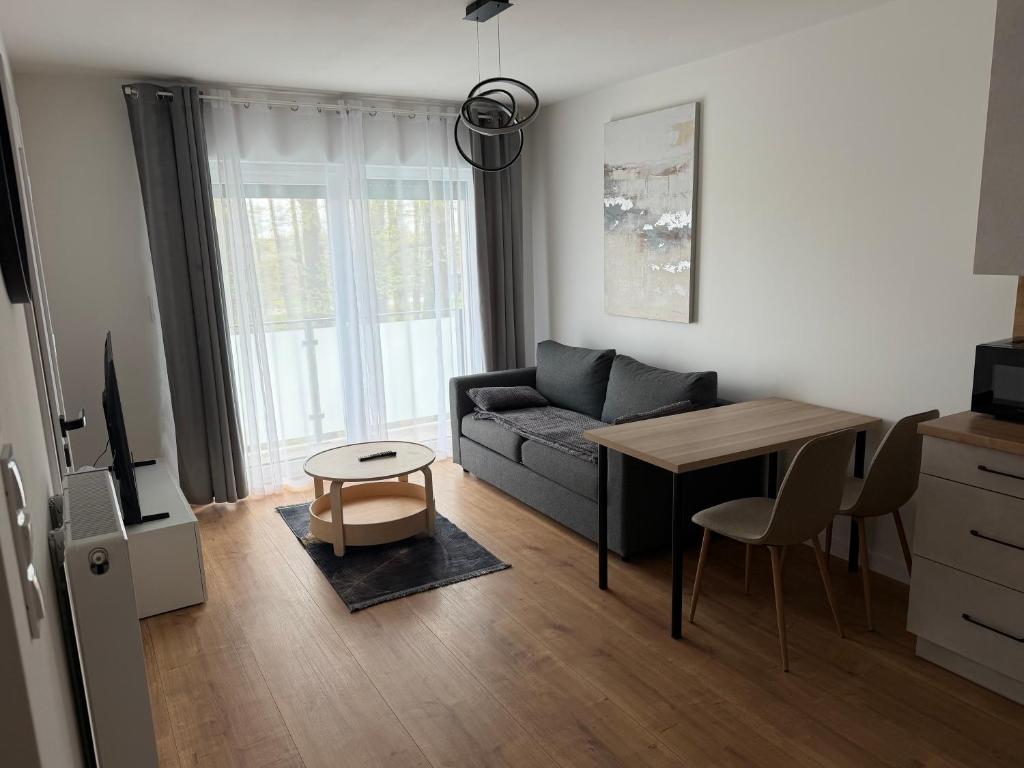 a living room with a couch and a table at Apart Apartamenty Łowiecka 4A Free Parking in Leszno